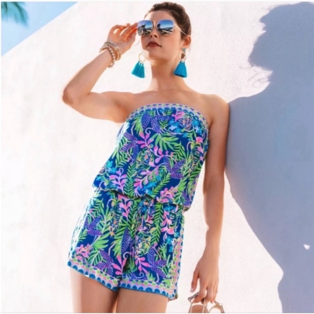 Lilly Pulitzer Rikki Strapless Romper in Borealis Blue How You Like Me Prowl